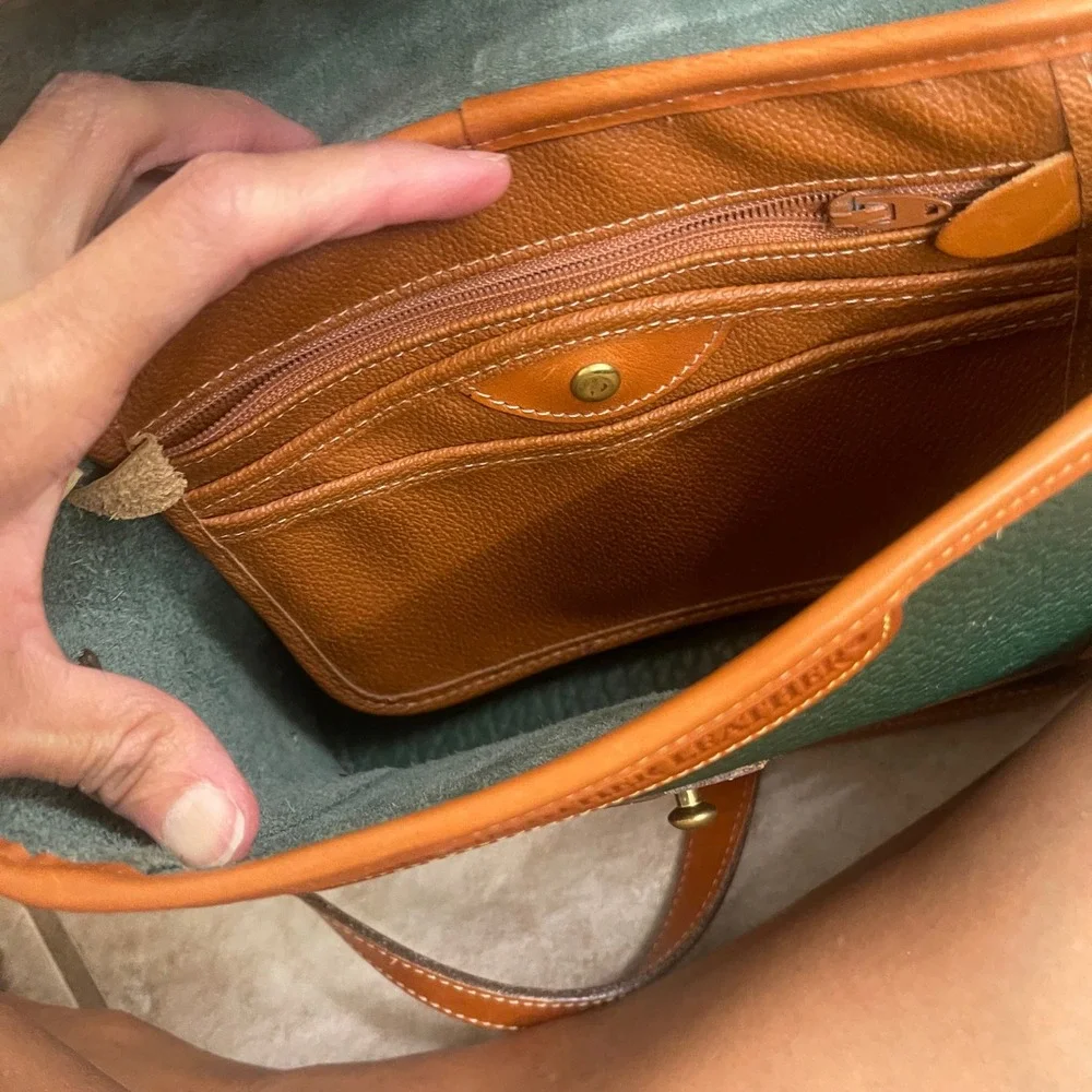 Dooney & Bourke Vintage All Weather Leather Green Tan Crossbody Bag Duck Fob